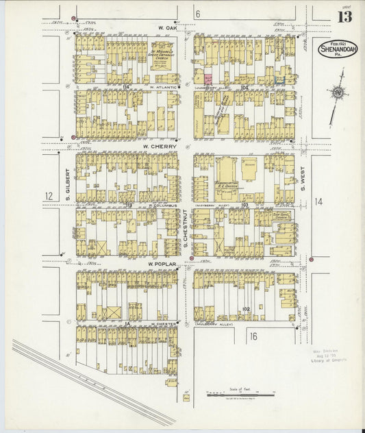 Sanborn Fire Insurance Map from Shenandoah, Schuylkill County, Pennsylvania (1921), Sheet #0013 - Historic Sanborn Fire Insurance Map Print, vintage old map wall art, antique decor, genealogy gift, Pennsylvania Pennsylvania map