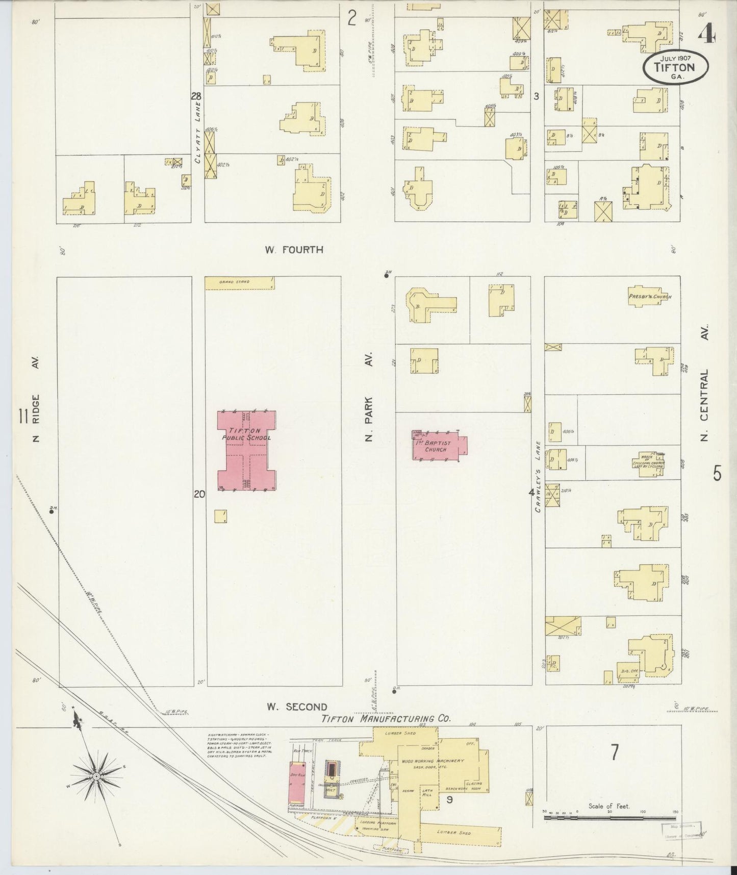 Sanborn Fire Insurance Map from Tifton, Tift County, Georgia (1907), Sheet #0004 - Complete Map Set gallery image, historic Sanborn map, vintage wall art, Georgia Georgia