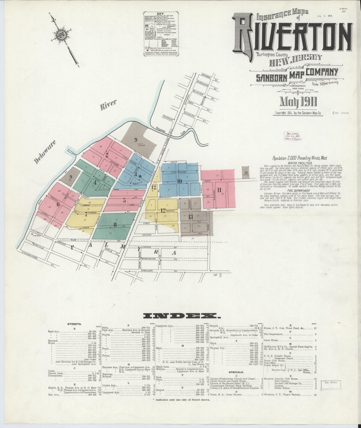 Sanborn Fire Insurance Map from Riverton, Burlington County, New Jersey (1911), Sheet #0001 - Historic Sanborn Fire Insurance Map Print, vintage old map wall art, antique decor, genealogy gift, New Jersey New Jersey map