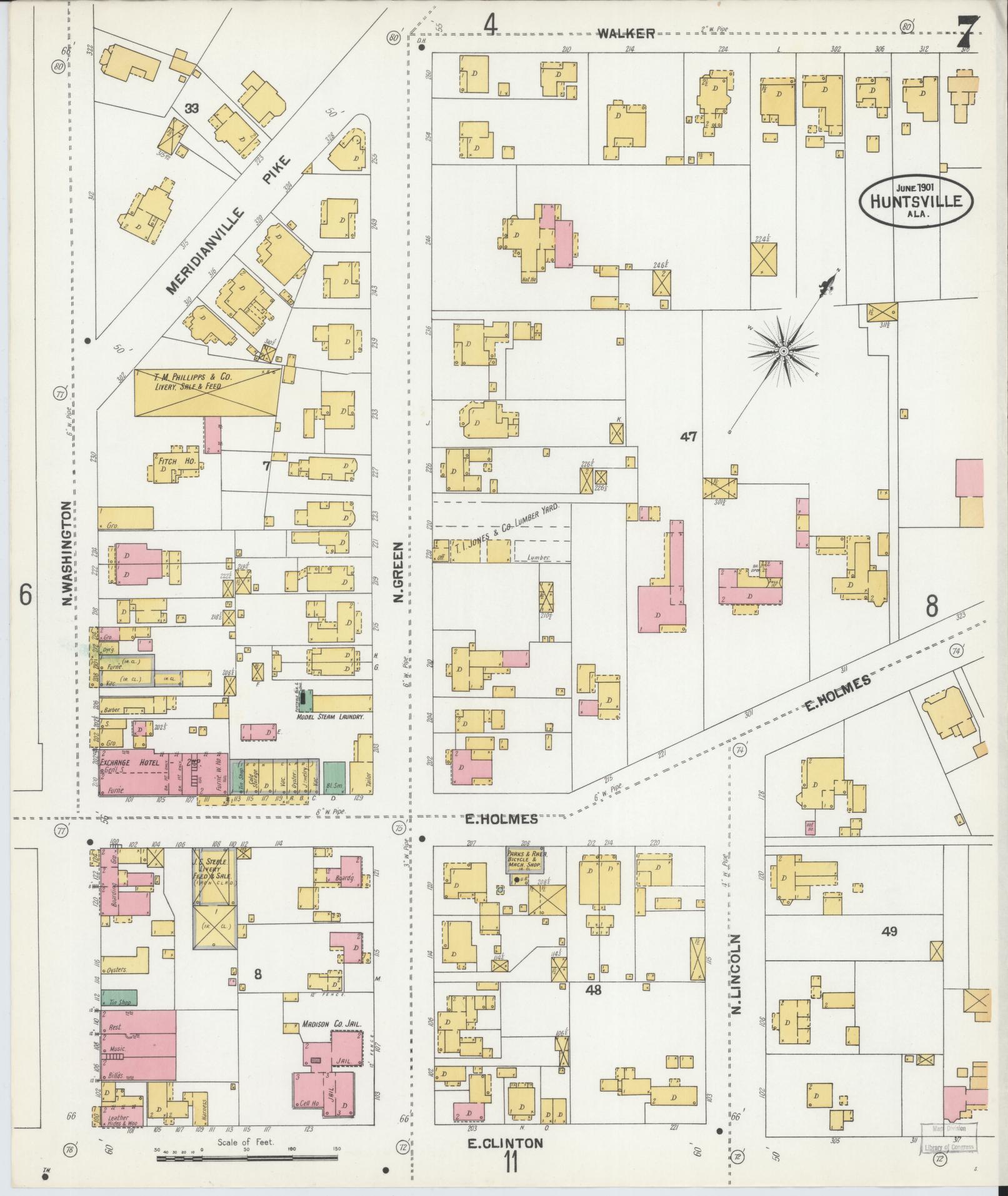 Sanborn Fire Insurance Map from Huntsville, Madison County, Alabama (1901), Sheet #0007 - Historic Sanborn Fire Insurance Map Print, vintage old map wall art, antique decor, genealogy gift, Alabama Alabama map