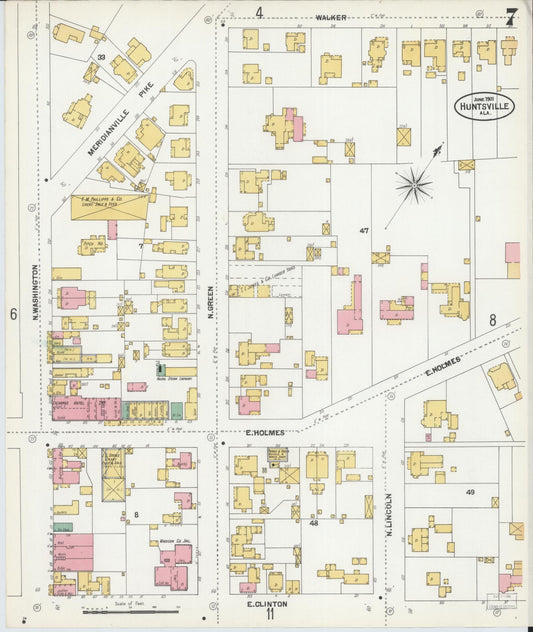 Sanborn Fire Insurance Map from Huntsville, Madison County, Alabama (1901), Sheet #0007 - Historic Sanborn Fire Insurance Map Print, vintage old map wall art, antique decor, genealogy gift, Alabama Alabama map