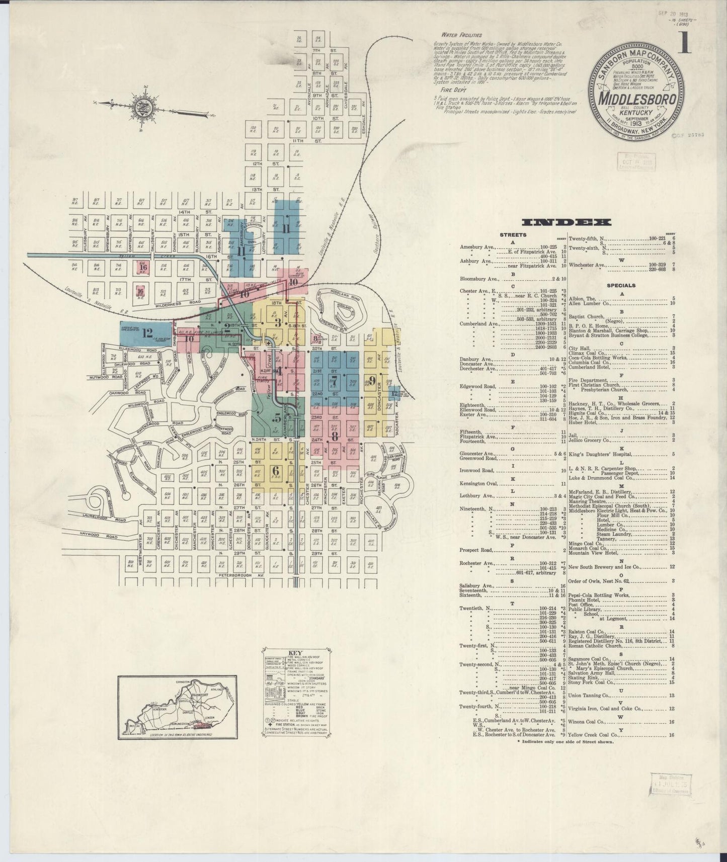 Sanborn Fire Insurance Map from Middlesboro, Bell County, Kentucky (1913), Sheet #0001 - Complete Map Set gallery image, historic Sanborn map, vintage wall art, Kentucky Kentucky