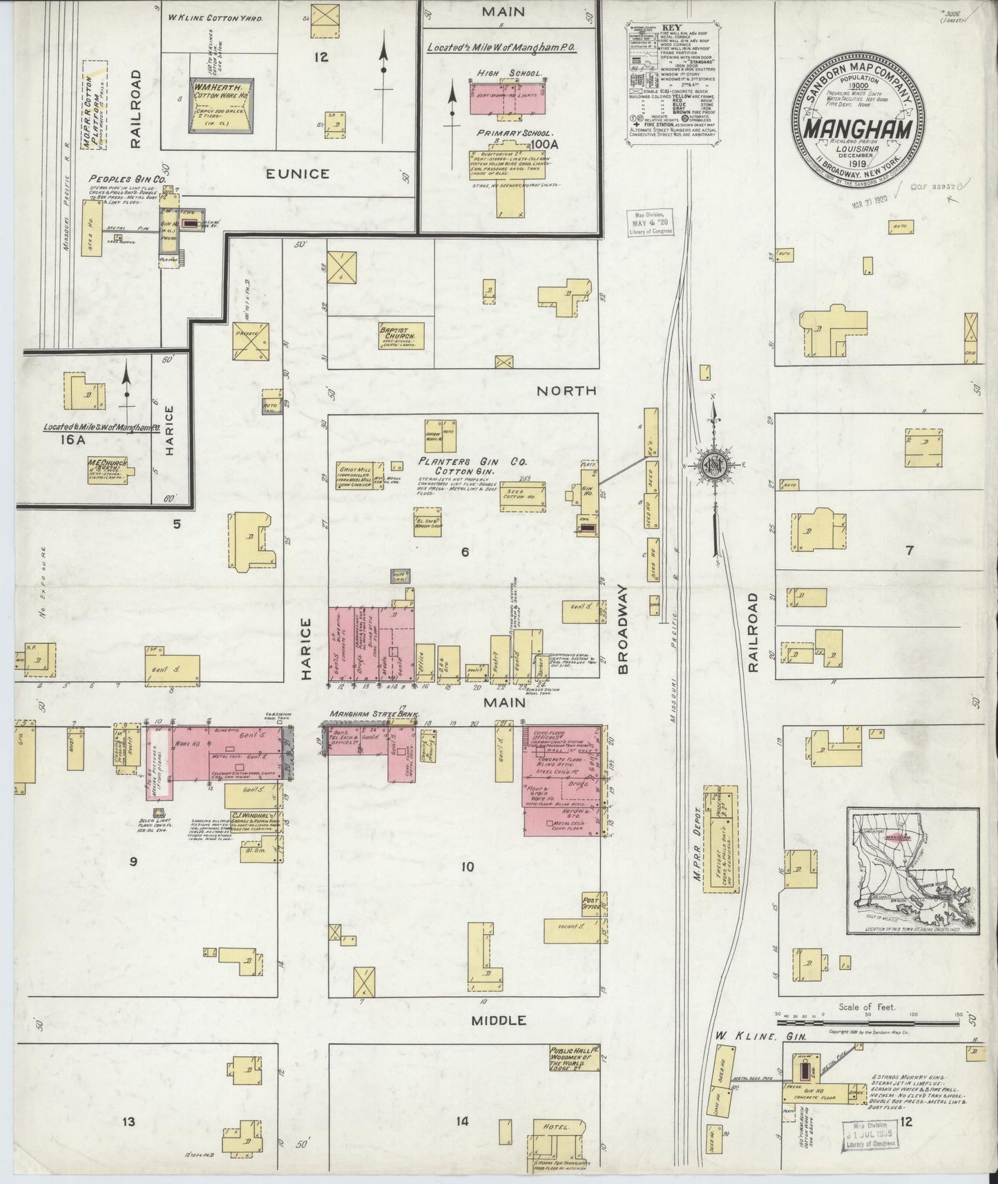 Sanborn Fire Insurance Map from Mangham, Richland Parish, Louisiana (1919), Sheet #0001 - Historic Sanborn Fire Insurance Map Print, vintage old map wall art, antique decor, genealogy gift, Louisiana Louisiana map