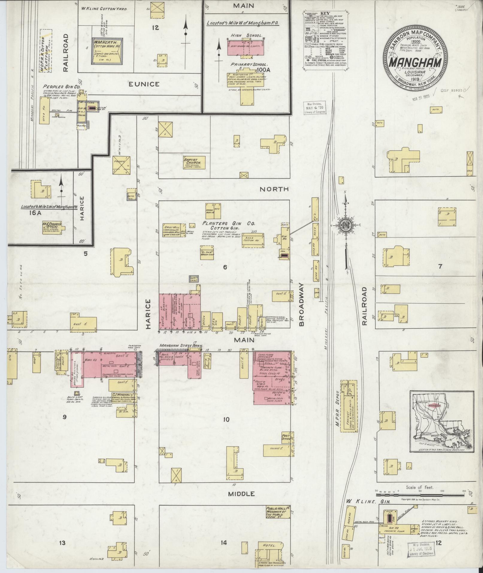 Sanborn Fire Insurance Map from Mangham, Richland Parish, Louisiana (1919), Sheet #0001 - Historic Sanborn Fire Insurance Map Print, vintage old map wall art, antique decor, genealogy gift, Louisiana Louisiana map