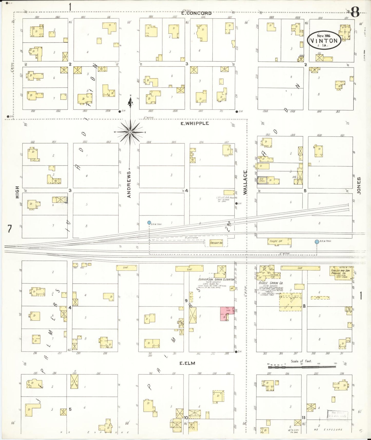 Sanborn Fire Insurance Map from Vinton, Benton County, Iowa (1906), Sheet #0008 - Historic Sanborn Fire Insurance Map Print, vintage old map wall art