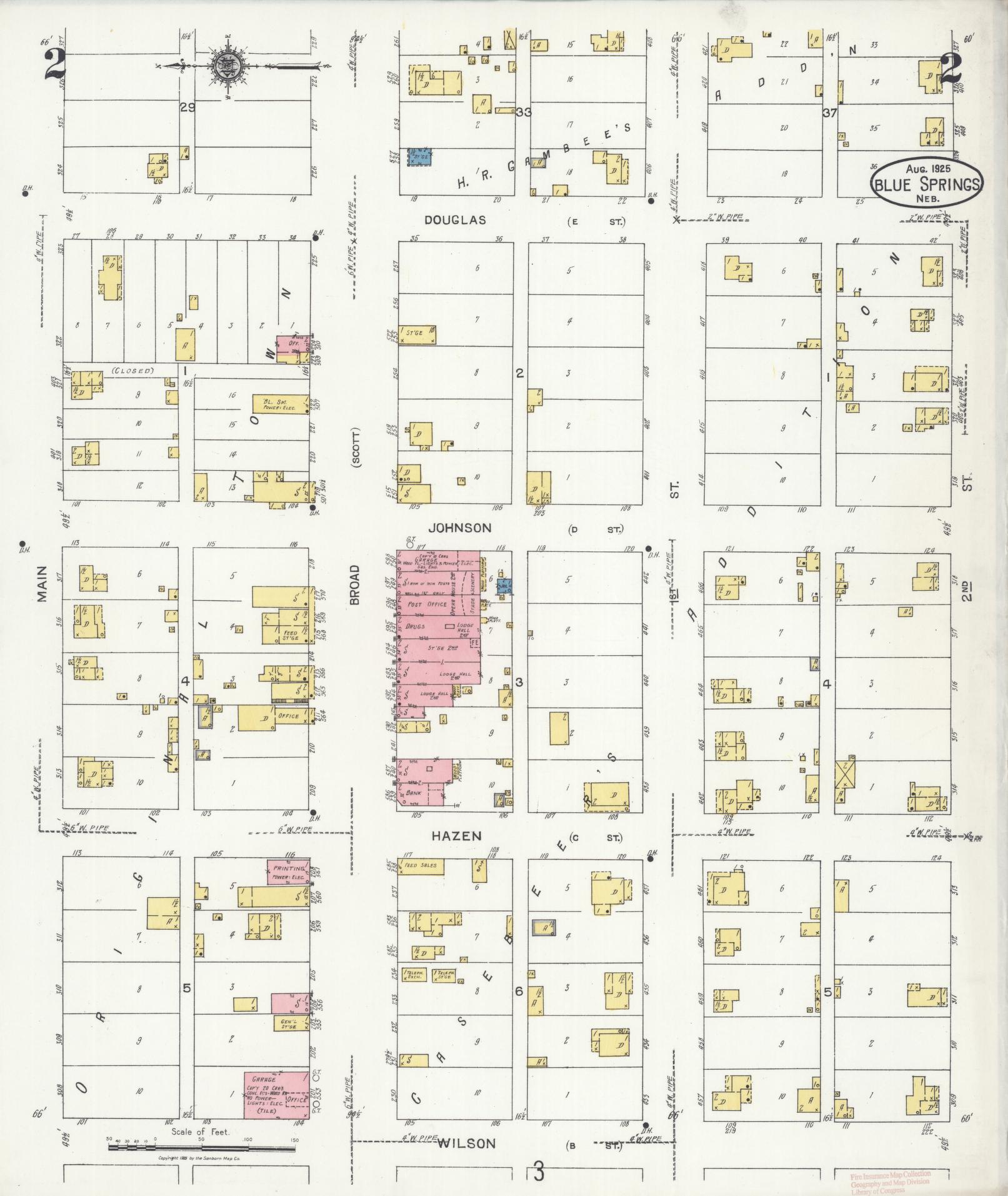 Sanborn Fire Insurance Map from Blue Springs, Gage County, Nebraska (1925), Sheet #0002 - Complete Map Set gallery image, historic Sanborn map, vintage wall art, Nebraska Nebraska