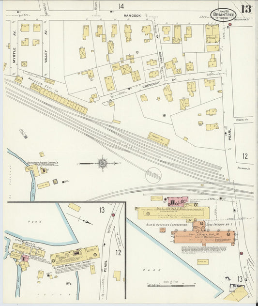Sanborn Fire Insurance Map from Braintree, Norfolk County, Massachusetts (1911), Sheet #0013 - Historic Sanborn Fire Insurance Map Print, vintage old map wall art, antique decor, genealogy gift, Massachusetts Massachusetts map