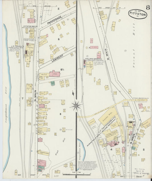 Sanborn Fire Insurance Map from Pittston, Luzerne County, Pennsylvania (1891), Sheet #0008 - Historic Sanborn Fire Insurance Map Print, vintage old map wall art, antique decor, genealogy gift, Pennsylvania Pennsylvania map