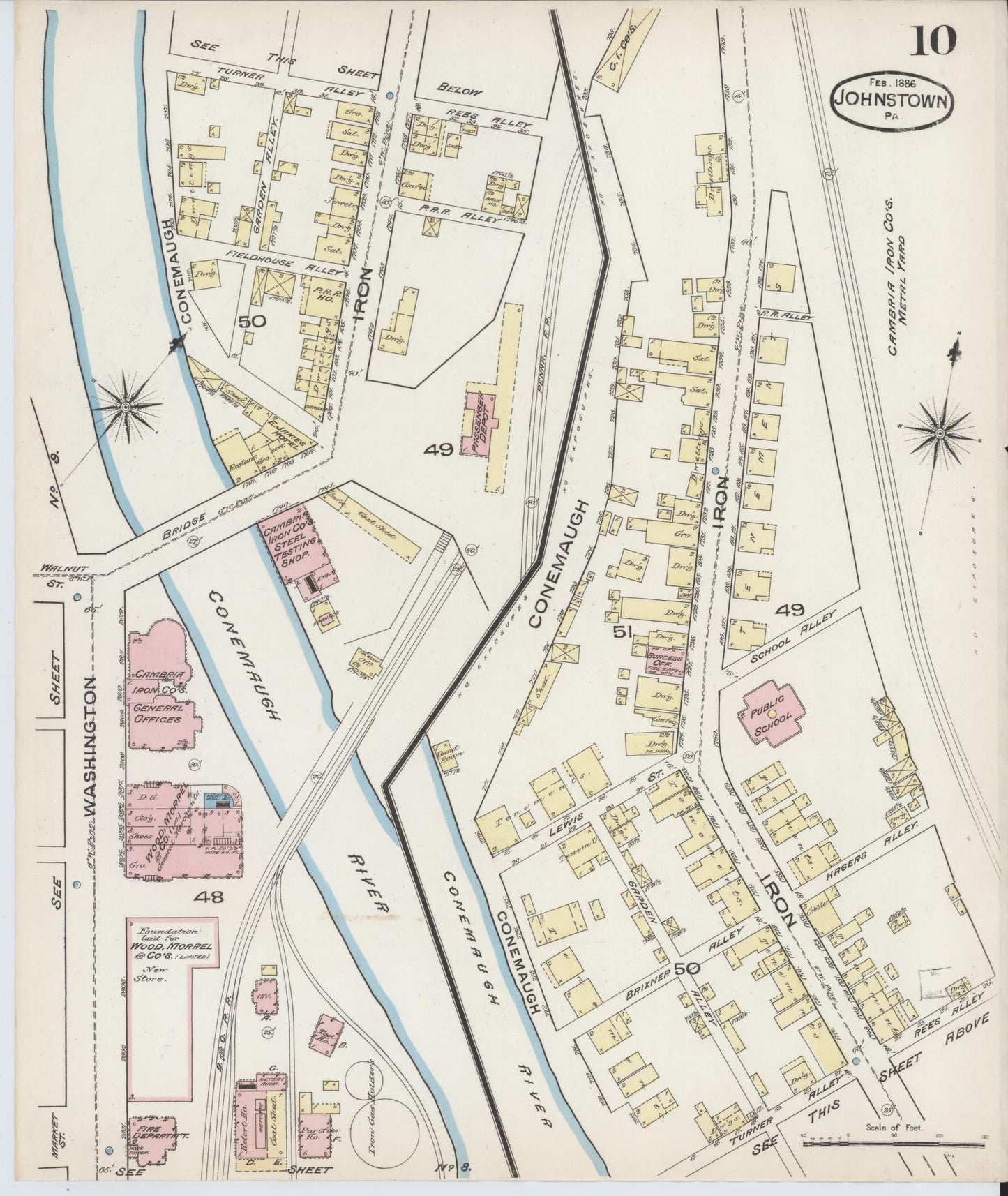 Sanborn Fire Insurance Map from Johnstown, Cambria County, Pennsylvania (1886), Sheet #0010 - Historic Sanborn Fire Insurance Map Print, vintage old map wall art, antique decor, genealogy gift, Pennsylvania Pennsylvania map