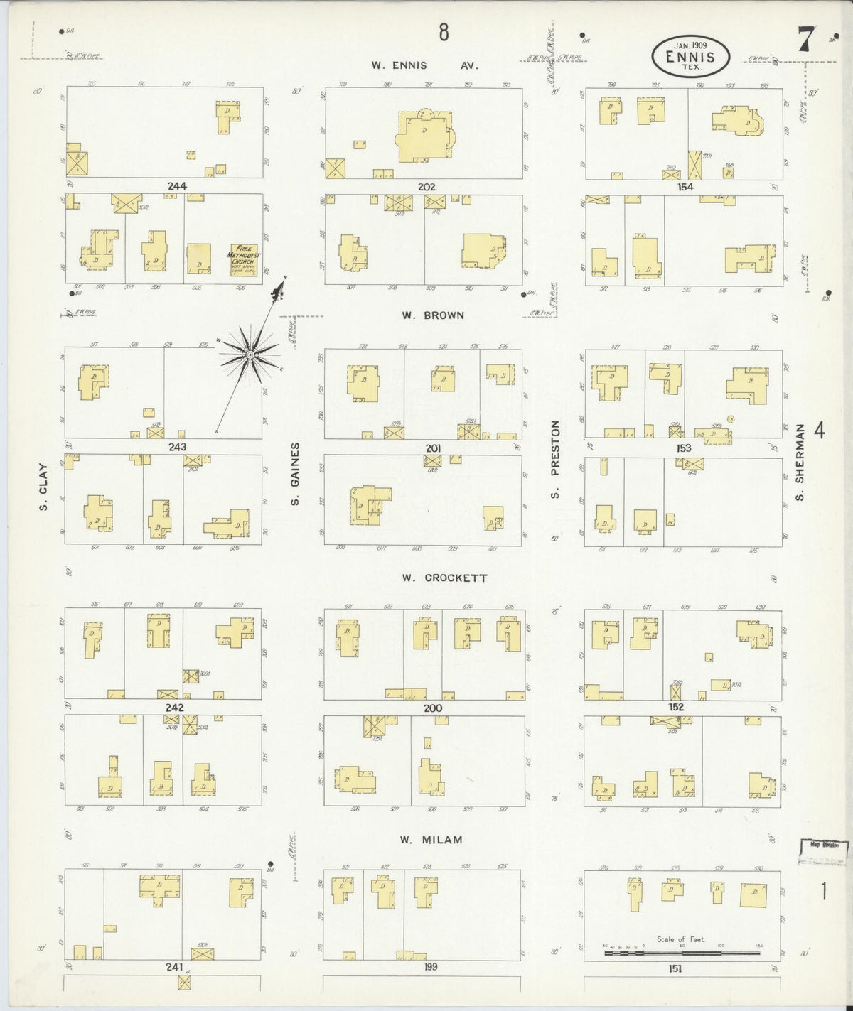 Sanborn Fire Insurance Map from Ennis, Ellis County, Texas (1909), Sheet #0007 - Complete Map Set gallery image, historic Sanborn map, vintage wall art, Texas Texas