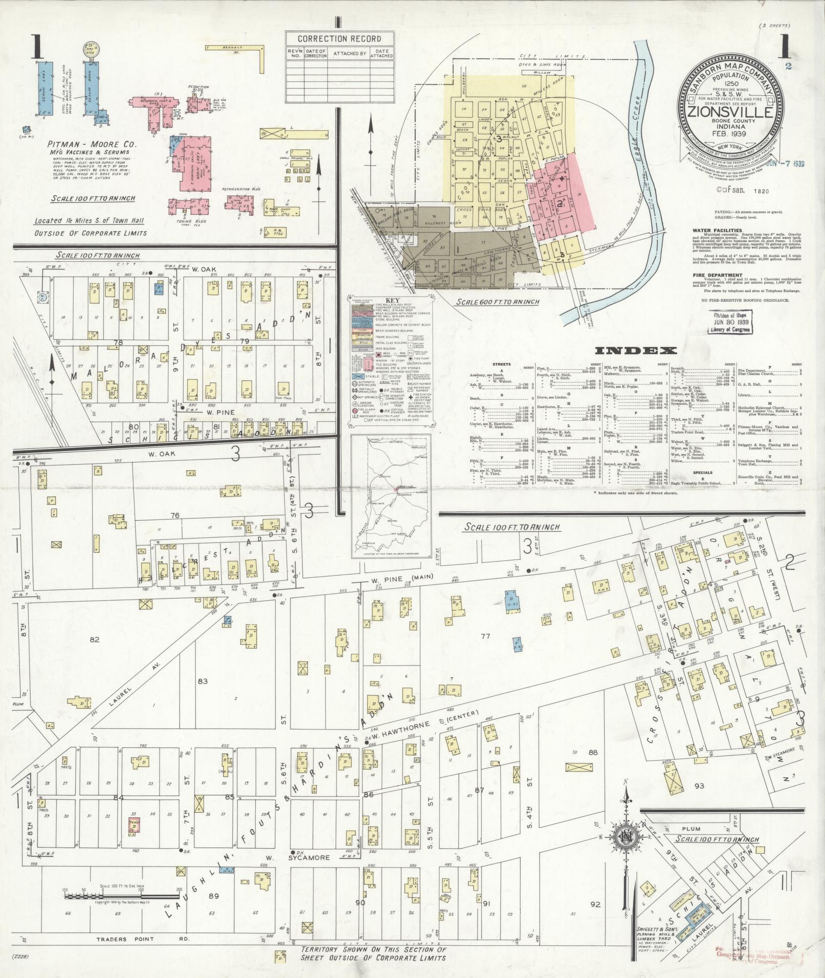 Sanborn Fire Insurance Map from Zionsville, Boone County, Indiana (1939), Sheet #0001 - Complete Map Set gallery image, historic Sanborn map, vintage wall art, Indiana Indiana