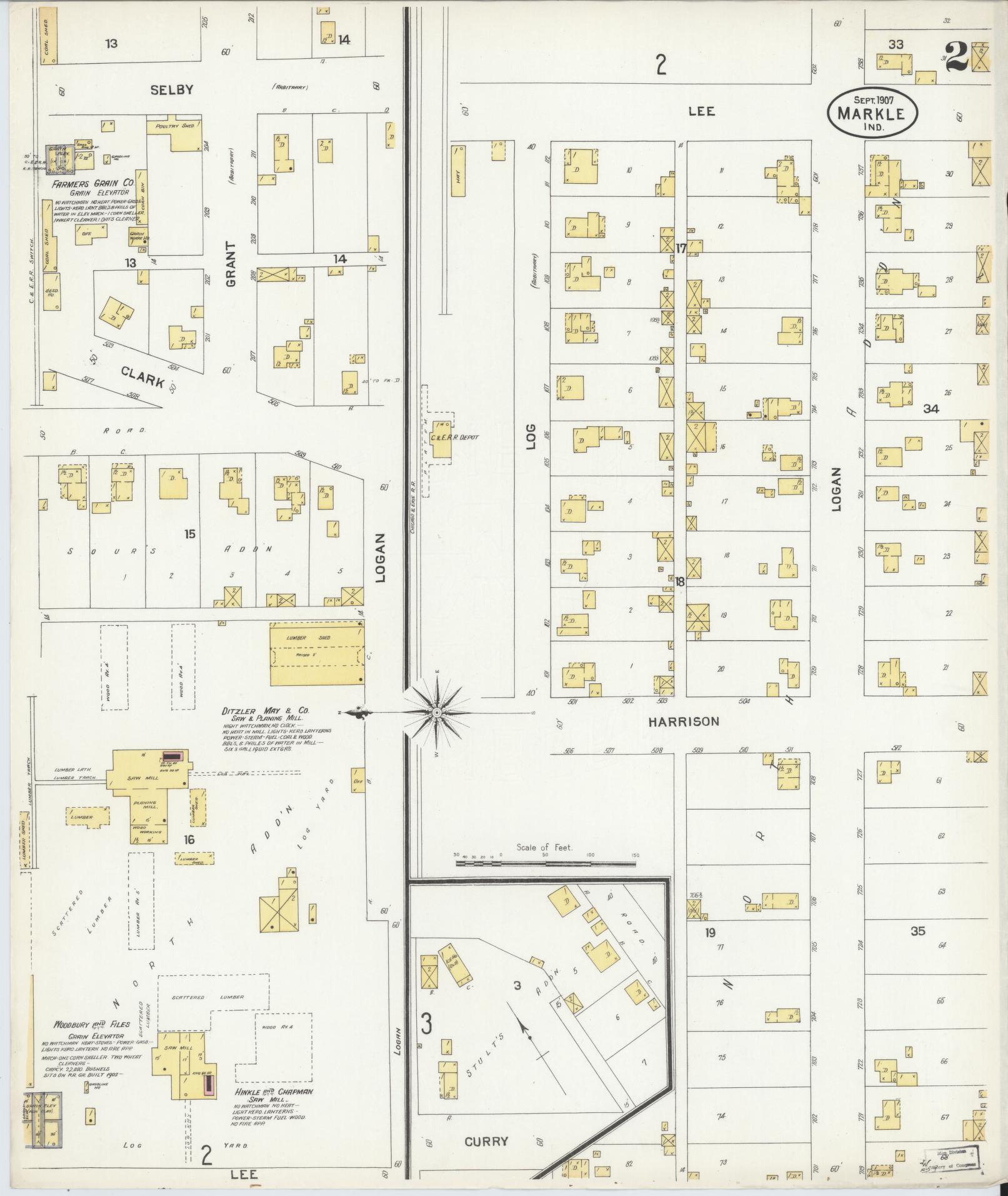 Sanborn Fire Insurance Map from Markle, Huntington County, Indiana (1907), Sheet #0002 - Complete Map Set gallery image, historic Sanborn map, vintage wall art, Indiana Indiana
