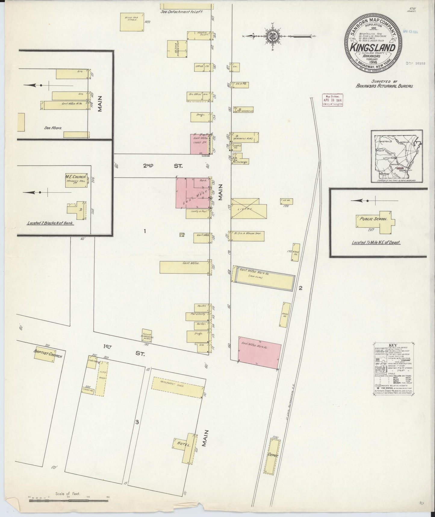 Sanborn Fire Insurance Map from Kingsland, Cleveland County, Arkansas (1914), Sheet #0001 - Historic Sanborn Fire Insurance Map Print, vintage old map wall art, antique decor, genealogy gift, Arkansas Arkansas map