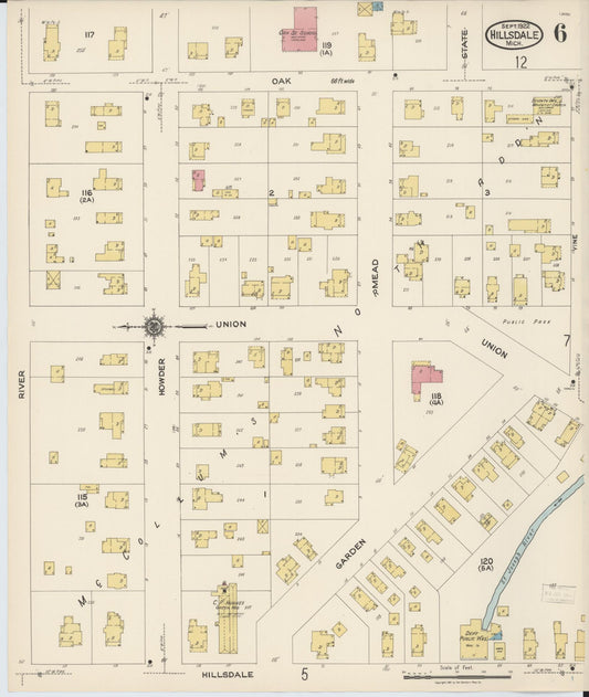 Sanborn Fire Insurance Map from Hillsdale, Hillsdale County, Michigan (1922), Sheet #0006 - Historic Sanborn Fire Insurance Map Print, vintage old map wall art, antique decor, genealogy gift, Michigan Michigan map