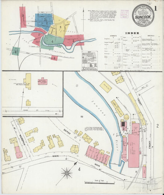 Sanborn Fire Insurance Map from Suncook, Merrimack County, New Hampshire (1906), Sheet #0001 - Historic Sanborn Fire Insurance Map Print, vintage old map wall art, antique decor, genealogy gift, New Hampshire New Hampshire map