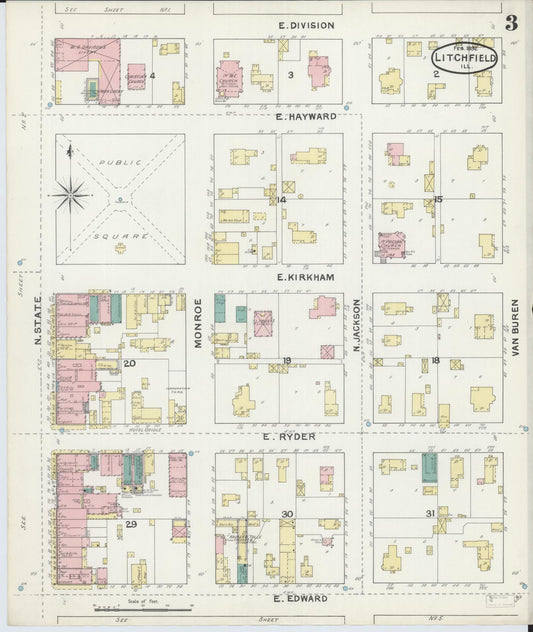 Sanborn Fire Insurance Map from Litchfield, Montgomery County, Illinois (1892), Sheet #0003 - Historic Sanborn Fire Insurance Map Print, vintage old map wall art, antique decor, genealogy gift, Illinois Illinois map