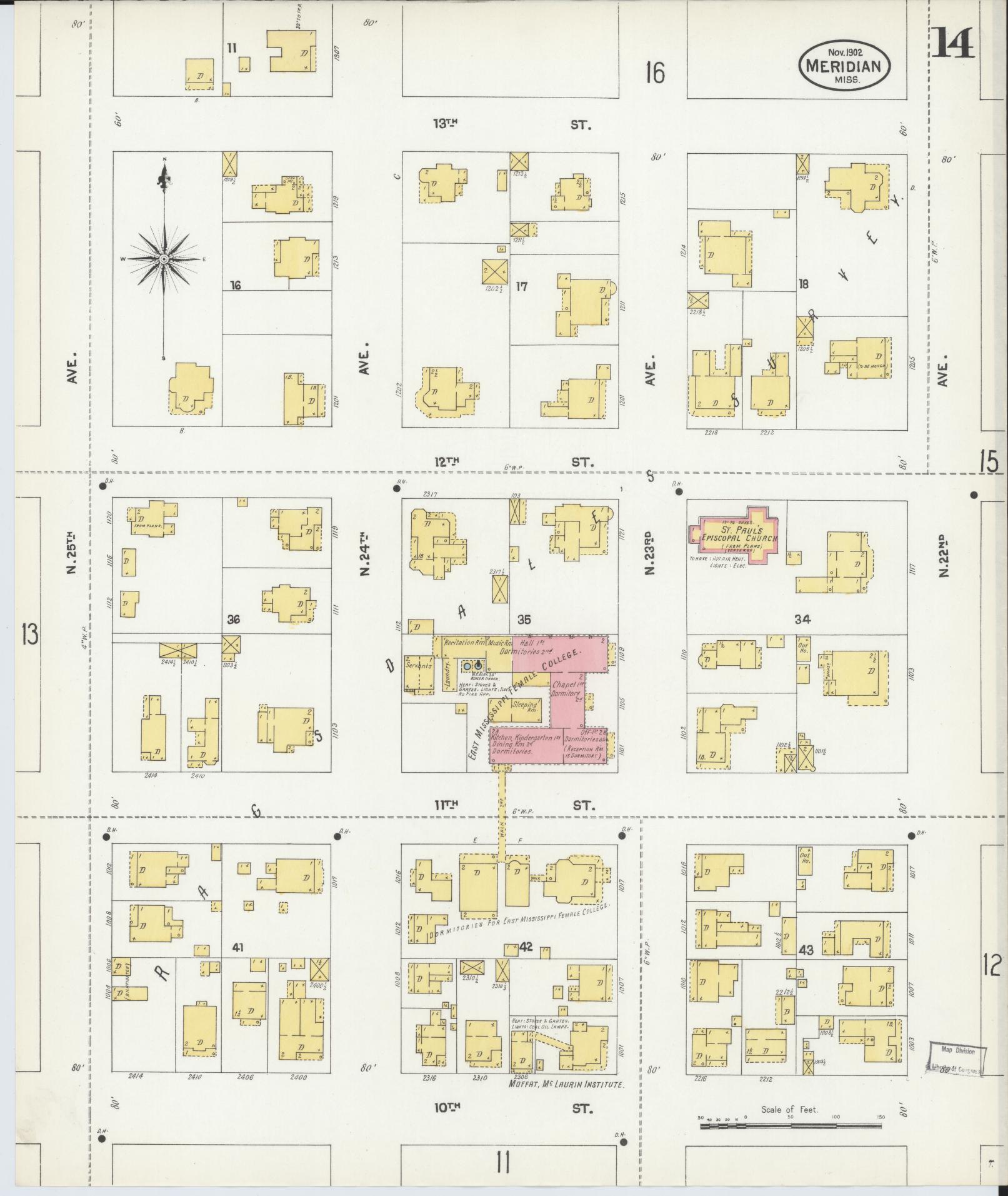 Sanborn Fire Insurance Map from Meridian, Lauderdale County, Mississippi (1902), Sheet #0014 - Complete Map Set gallery image, historic Sanborn map, vintage wall art, Mississippi Mississippi