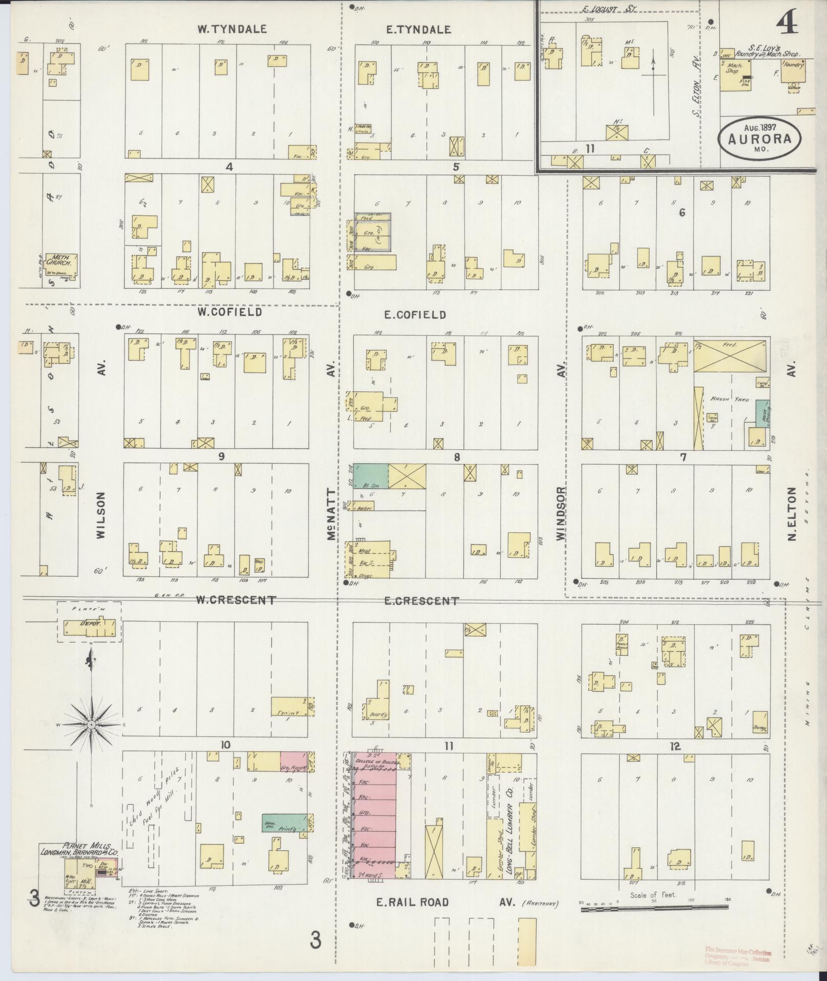 Sanborn Fire Insurance Map from Aurora, Lawrence County, Missouri (1897), Sheet #0004 - Complete Map Set gallery image, historic Sanborn map, vintage wall art, Missouri Missouri