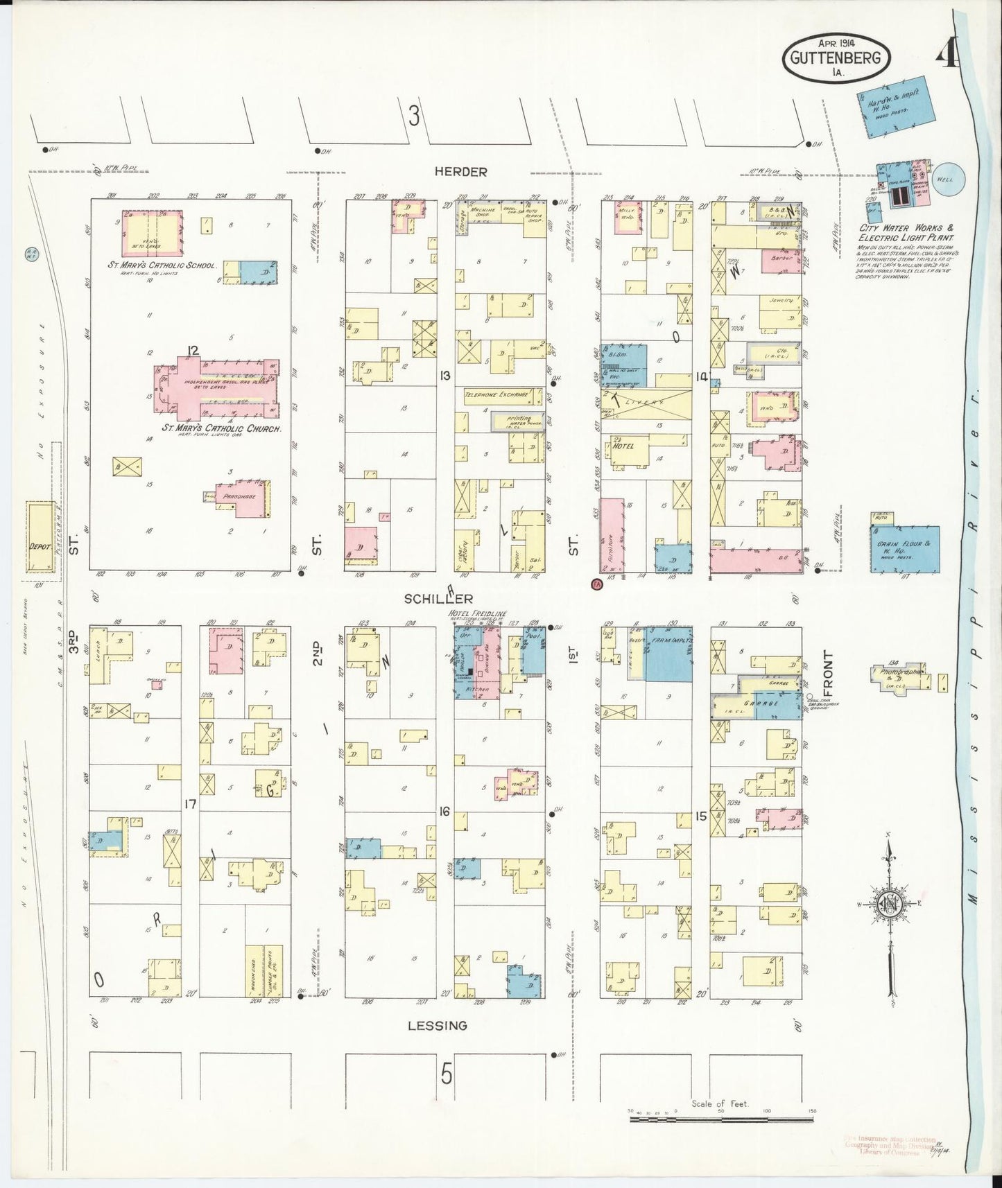 Sanborn Fire Insurance Map from Guttenberg, Clayton County, Iowa (1914), Sheet #0004 - Historic Sanborn Fire Insurance Map Print, vintage old map wall art
