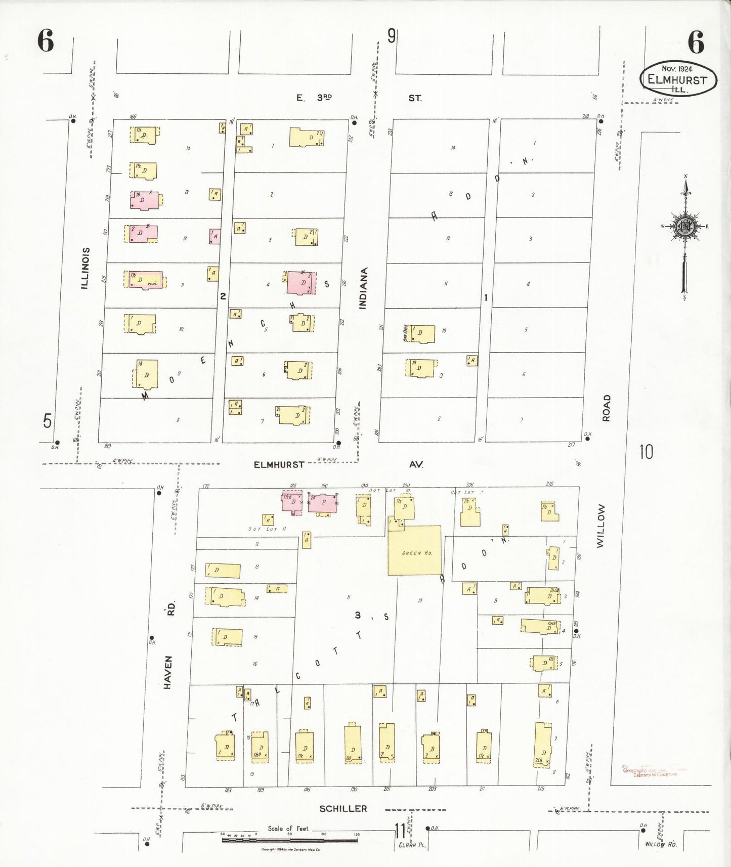 Sanborn Fire Insurance Map from Elmhurst, Du Page County, Illinois (1924), Sheet #0006 - Complete Map Set gallery image, historic Sanborn map, vintage wall art, Illinois Illinois