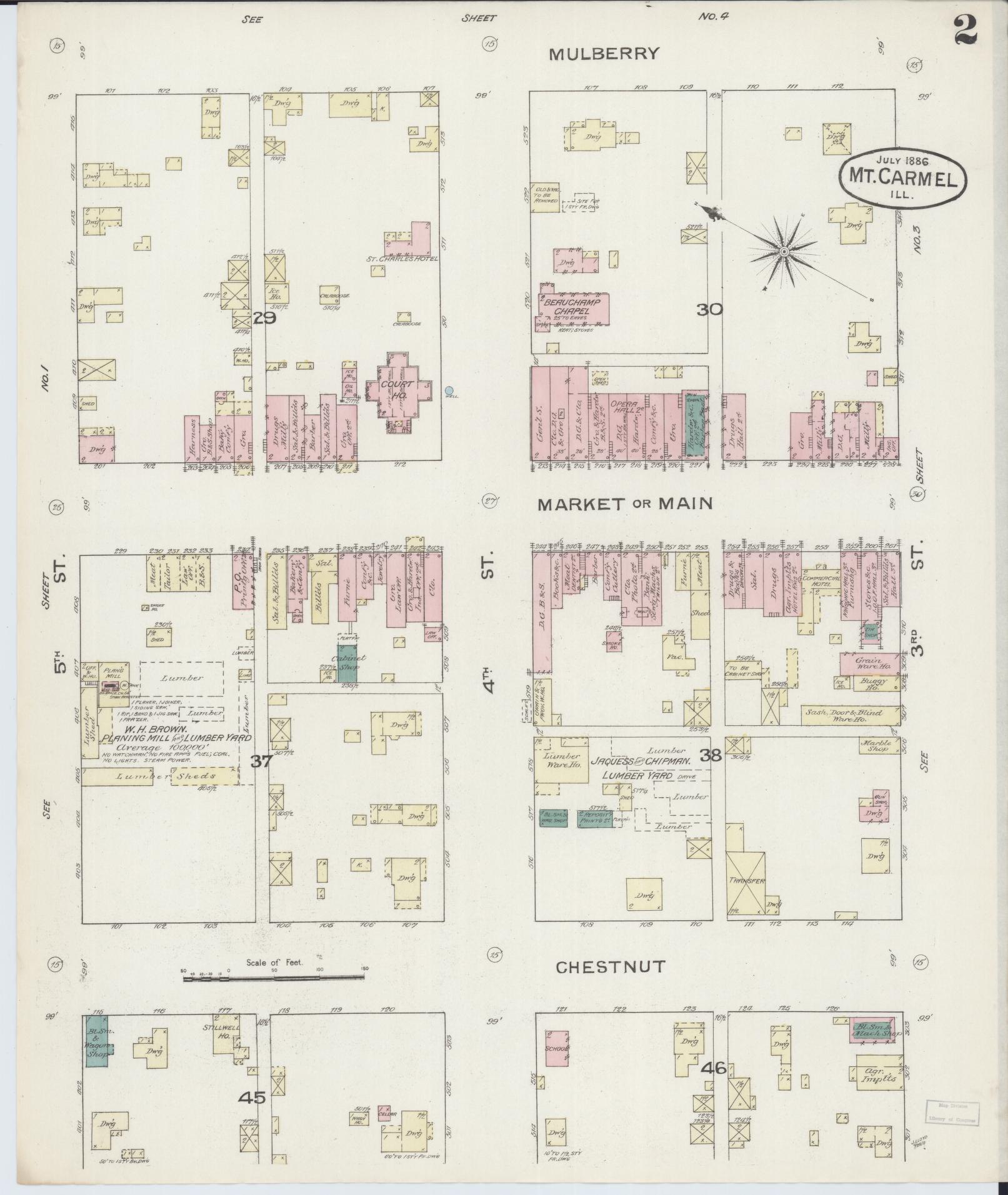 Sanborn Fire Insurance Map from Mount Carmel, Wabash County, Illinois (1886), Sheet #0002 - Complete Map Set gallery image, historic Sanborn map, vintage wall art, Illinois Illinois