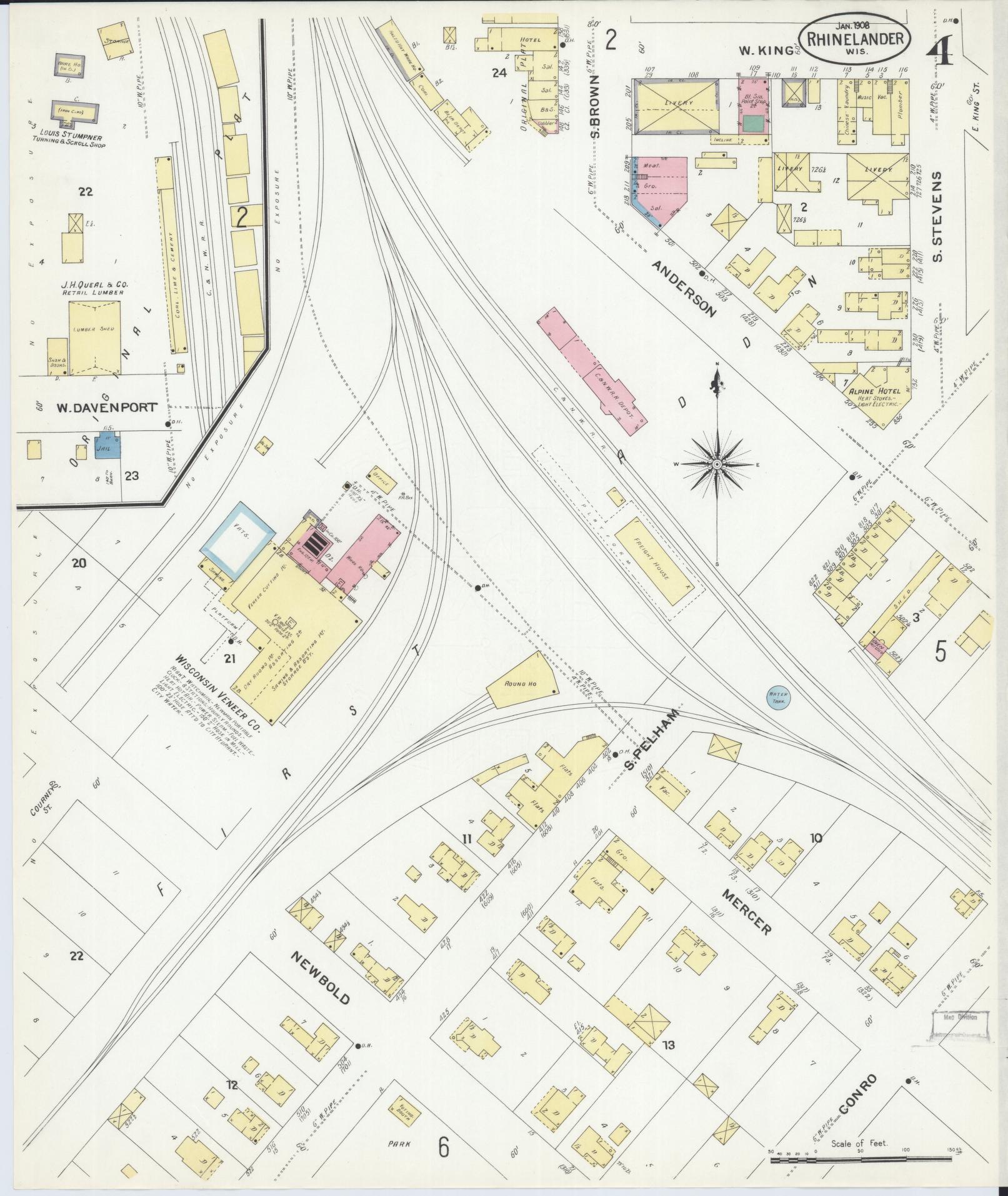 Sanborn Fire Insurance Map from Rhinelander, Oneida County, Wisconsin (1908), Sheet #0004 - Complete Map Set gallery image, historic Sanborn map, vintage wall art, Wisconsin Wisconsin