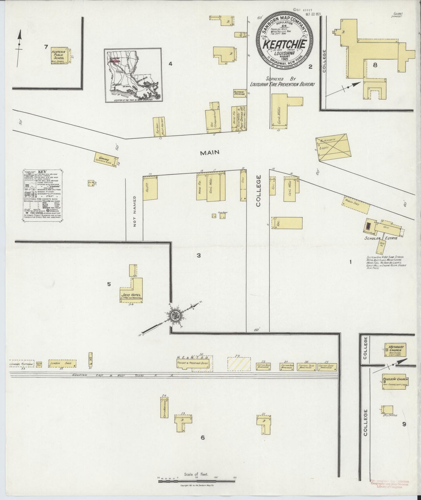 Sanborn Fire Insurance Map from Keatchie, De Soto Parish, Louisiana (1921), Sheet #0001 - Historic Sanborn Fire Insurance Map Print, vintage old map wall art, antique decor, genealogy gift, Louisiana Louisiana map