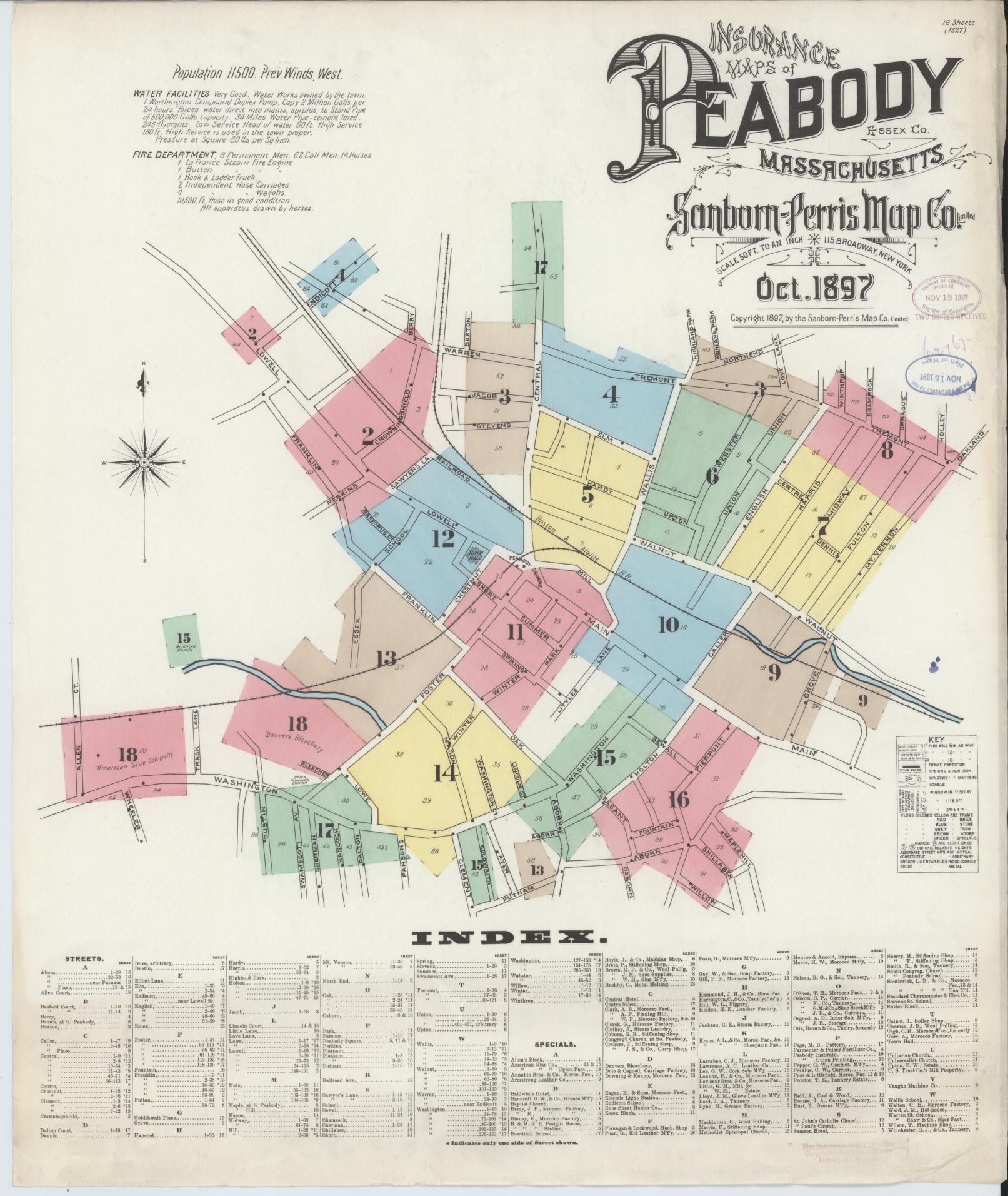Sanborn Fire Insurance Map from Peabody, Essex County, Massachusetts (1897), Sheet #0001 - Complete Map Set gallery image, historic Sanborn map, vintage wall art, Massachusetts Massachusetts