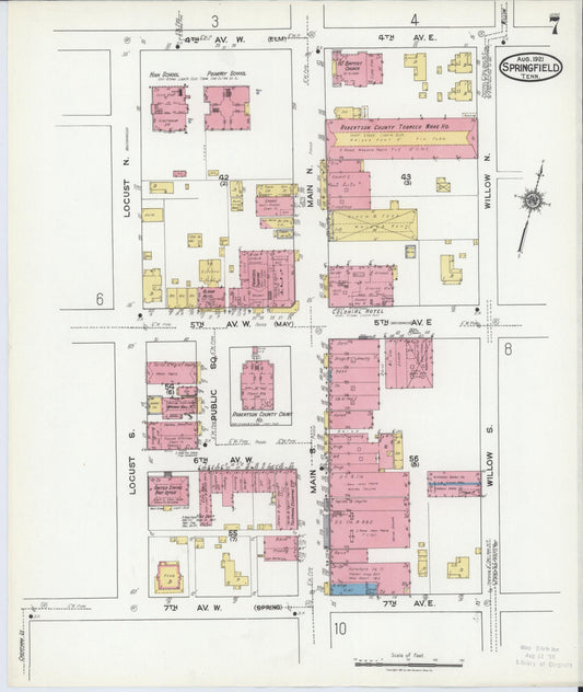 Sanborn Fire Insurance Map from Springfield, Robertson County, Tennessee (1921), Sheet #0007 - Historic Sanborn Fire Insurance Map Print, vintage old map wall art, antique decor, genealogy gift, Tennessee Tennessee map