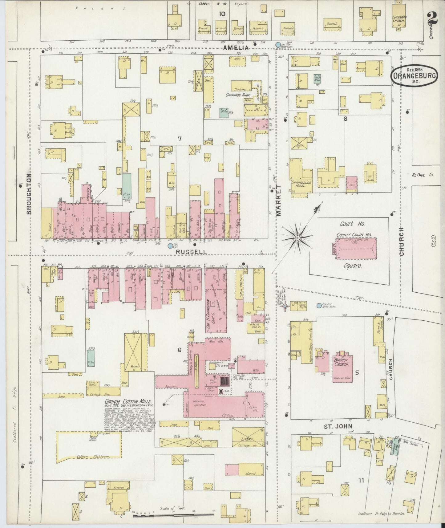 Sanborn Fire Insurance Map from Orangeburg, Orangeburg County, South Carolina (1895), Sheet #0002 - Complete Map Set gallery image, historic Sanborn map, vintage wall art, South Carolina South Carolina