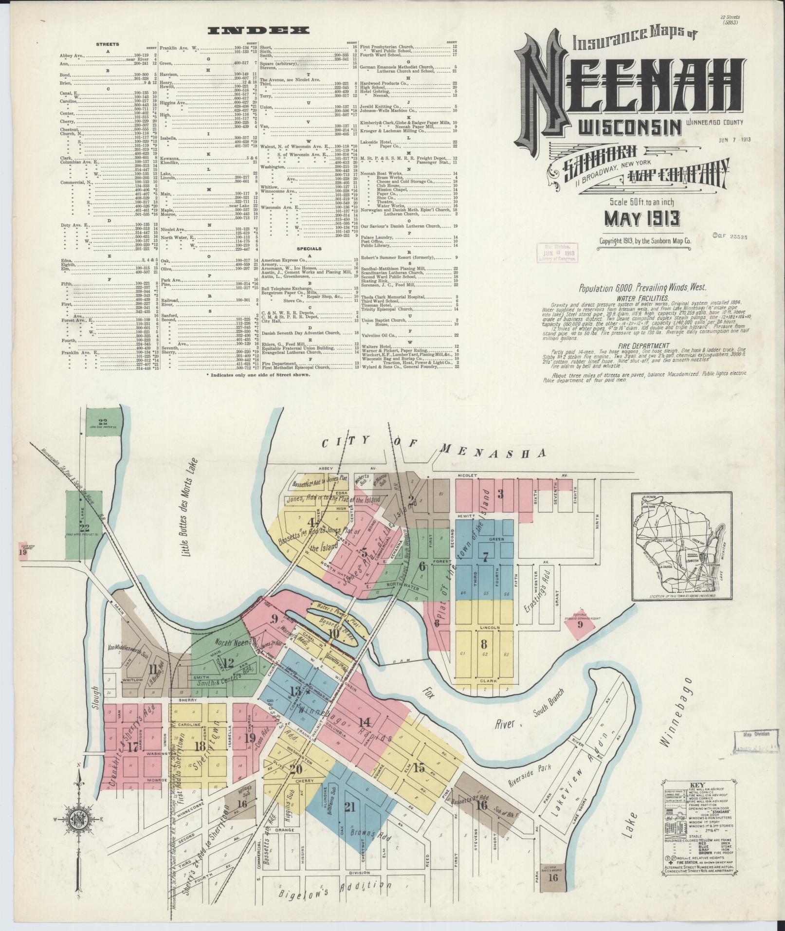 Sanborn Fire Insurance Map from Neenah, Winnebago County, Wisconsin (1913), Sheet #0001 - Complete Map Set gallery image, historic Sanborn map, vintage wall art, Wisconsin Wisconsin
