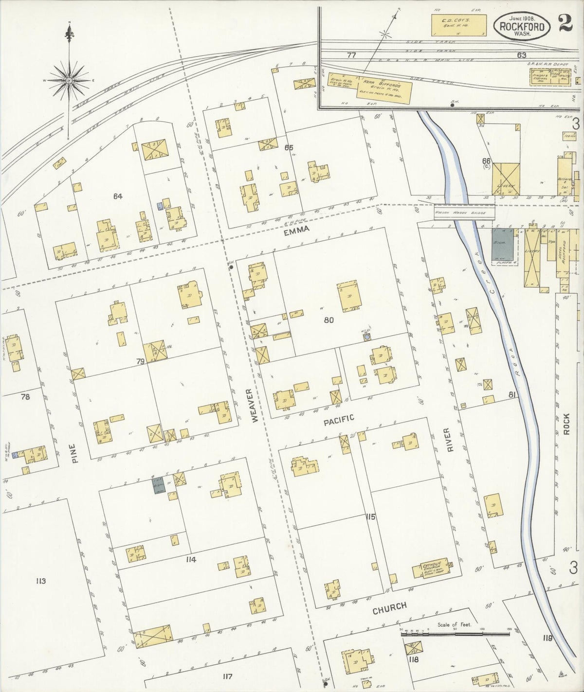 Sanborn Fire Insurance Map from Rockford, Spokane County, Washington (1908), Sheet #0002 - Historic Sanborn Fire Insurance Map Print, vintage old map wall art, antique decor, genealogy gift, Washington Washington map