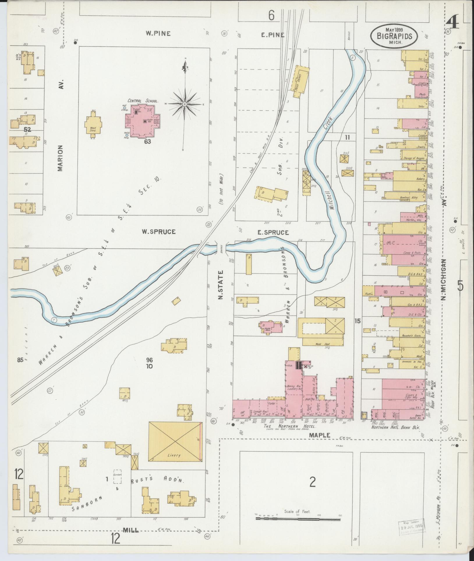 Sanborn Fire Insurance Map from Big Rapids, Mecosta County, Michigan (1899), Sheet #0004 - Complete Map Set gallery image, historic Sanborn map, vintage wall art, Michigan Michigan