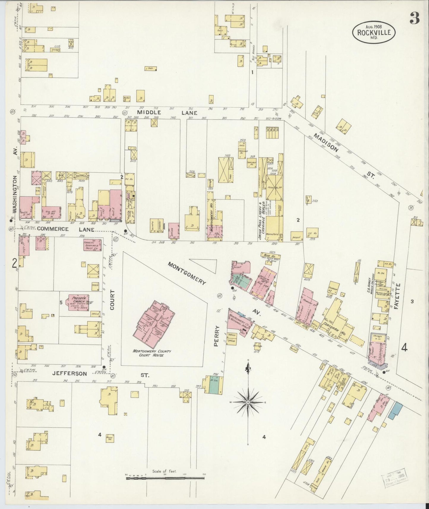 Sanborn Fire Insurance Map from Rockville, Montgomery County, Maryland (1908), Sheet #0003 - Historic Sanborn Fire Insurance Map Print, vintage old map wall art