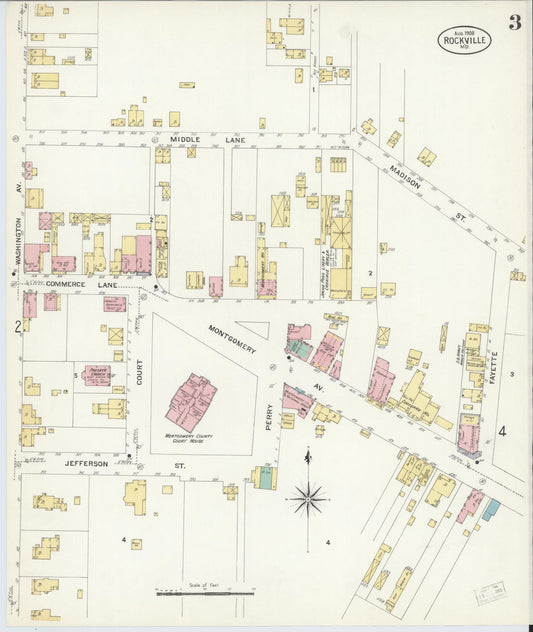 Sanborn Fire Insurance Map from Rockville, Montgomery County, Maryland (1908), Sheet #0003 - Historic Sanborn Fire Insurance Map Print, vintage old map wall art