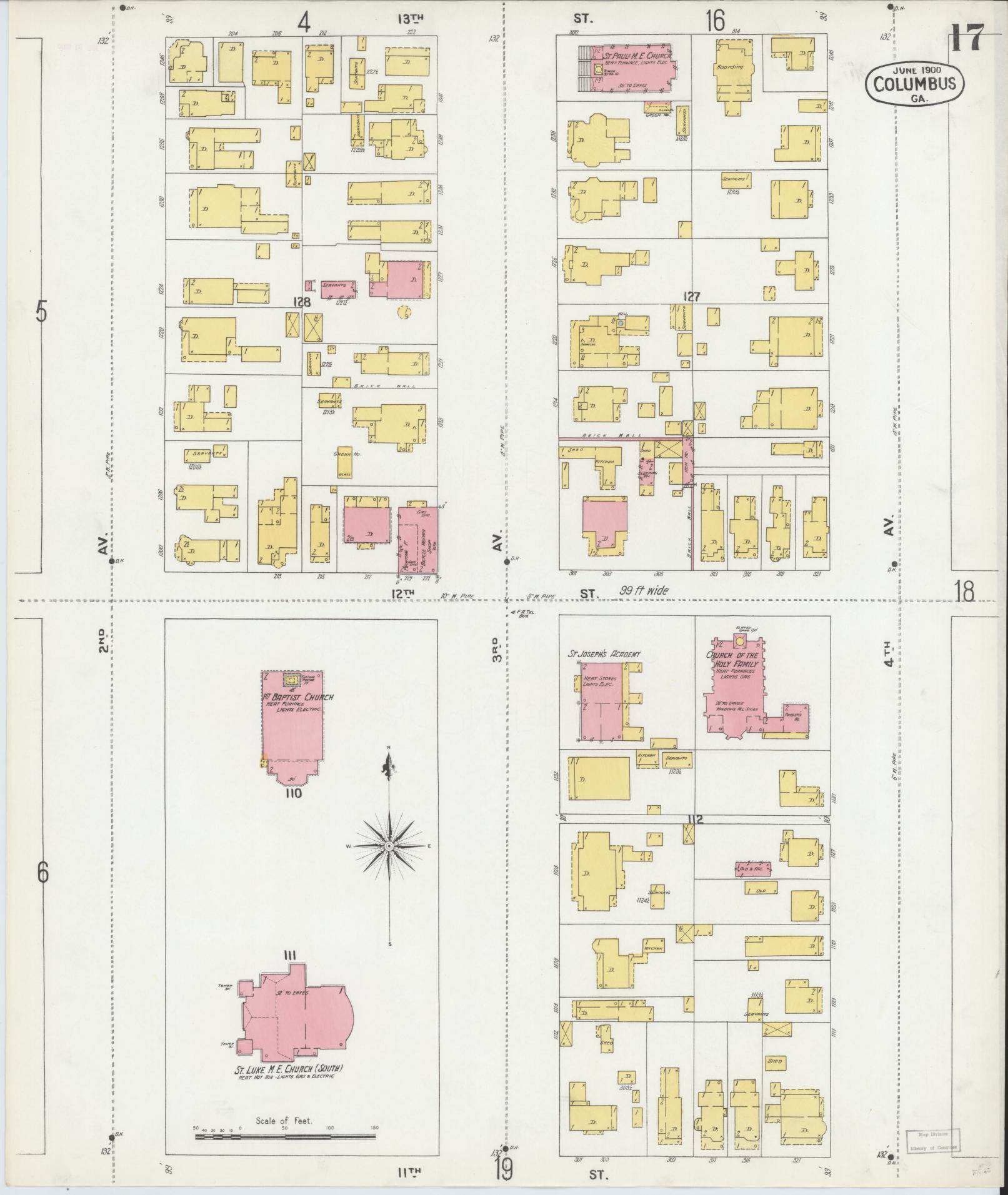 Sanborn Fire Insurance Map from Columbus, Muscogee County, Georgia (1900), Sheet #0017 - Historic Sanborn Fire Insurance Map Print, vintage old map wall art, antique decor, genealogy gift, Georgia Georgia map
