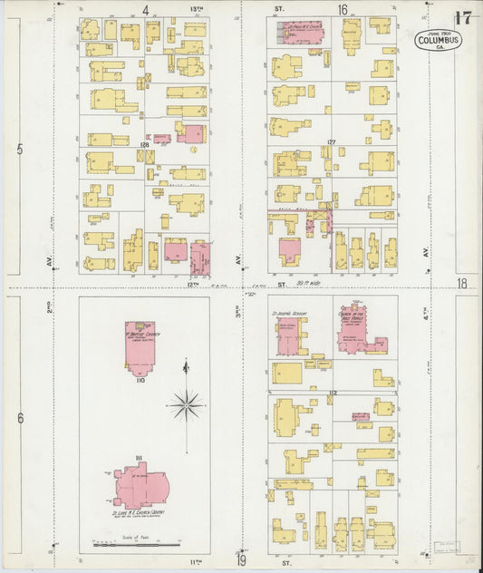 Sanborn Fire Insurance Map from Columbus, Muscogee County, Georgia (1900), Sheet #0017 - Historic Sanborn Fire Insurance Map Print, vintage old map wall art, antique decor, genealogy gift, Georgia Georgia map
