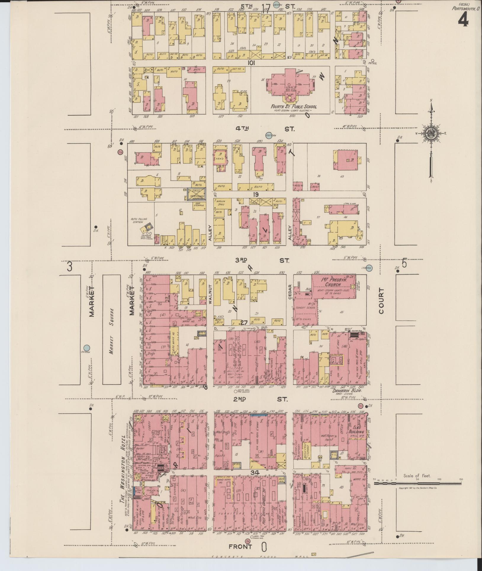 Sanborn Fire Insurance Map from Portsmouth, Scioto County, Ohio (1921), Sheet #0004 - Historic Sanborn Fire Insurance Map Print, vintage old map wall art, antique decor, genealogy gift, Ohio Ohio map