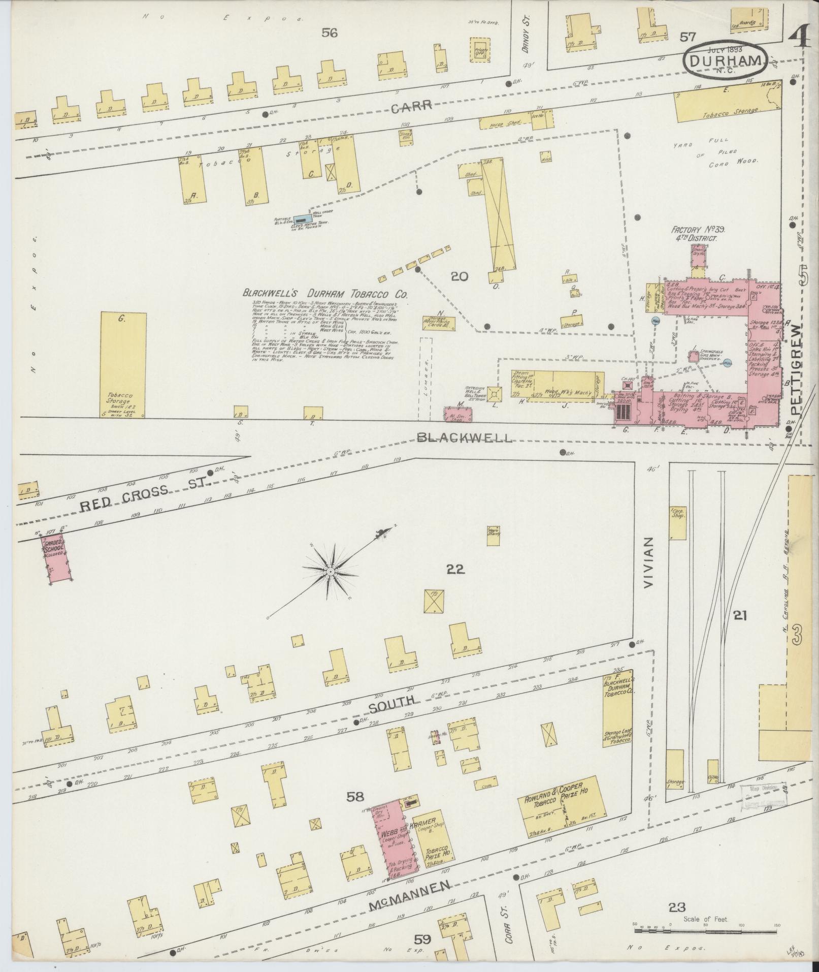 Sanborn Fire Insurance Map from Durham, Durham County, North Carolina (1893), Sheet #0004 - Complete Map Set gallery image, historic Sanborn map, vintage wall art, North Carolina North Carolina
