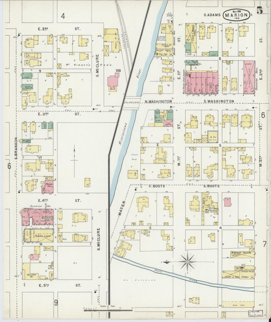 Sanborn Fire Insurance Map from Marion, Grant County, Indiana (1896), Sheet #0005 - Historic Sanborn Fire Insurance Map Print, vintage old map wall art, antique decor, genealogy gift, Indiana Indiana map