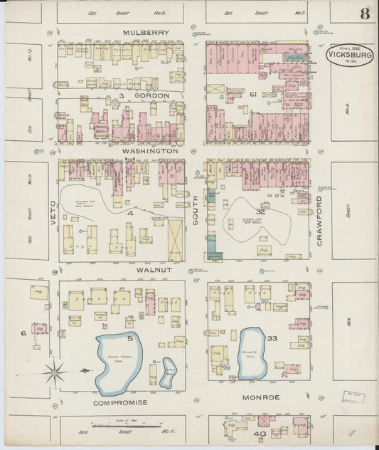 Sanborn Fire Insurance Map from Vicksburg, Warren County, Mississippi (1886), Sheet #0008 - Historic Sanborn Fire Insurance Map Print, vintage old map wall art, antique decor, genealogy gift, Mississippi Mississippi map