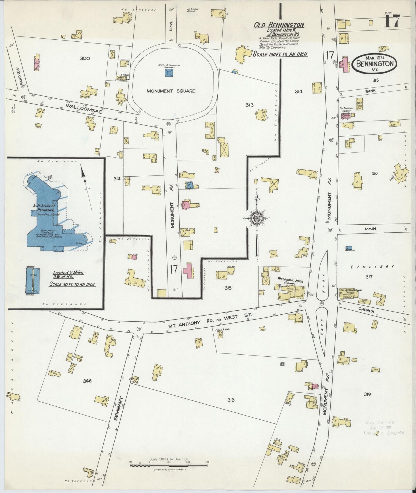 Sanborn Fire Insurance Map from Bennington, Bennington County, Vermont (1921), Sheet #0017 - Complete Map Set gallery image, historic Sanborn map, vintage wall art, Vermont Vermont
