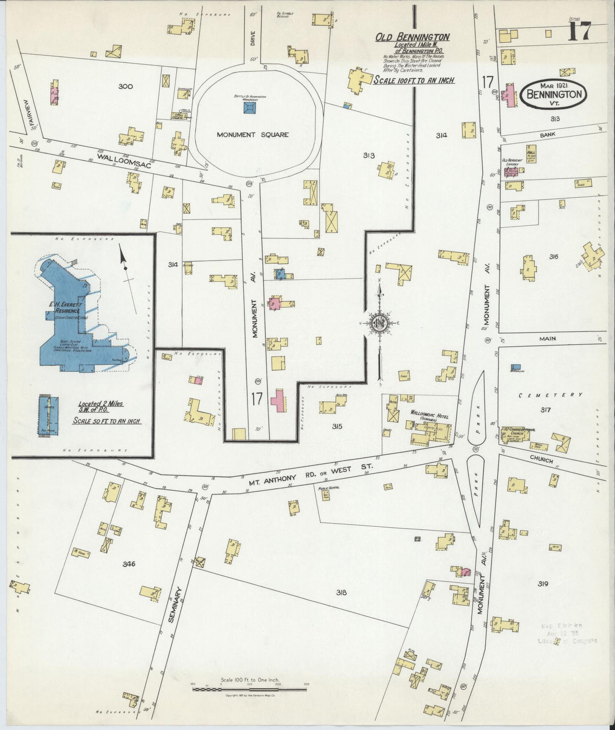 Sanborn Fire Insurance Map from Bennington, Bennington County, Vermont (1921), Sheet #0017 - Complete Map Set gallery image, historic Sanborn map, vintage wall art, Vermont Vermont