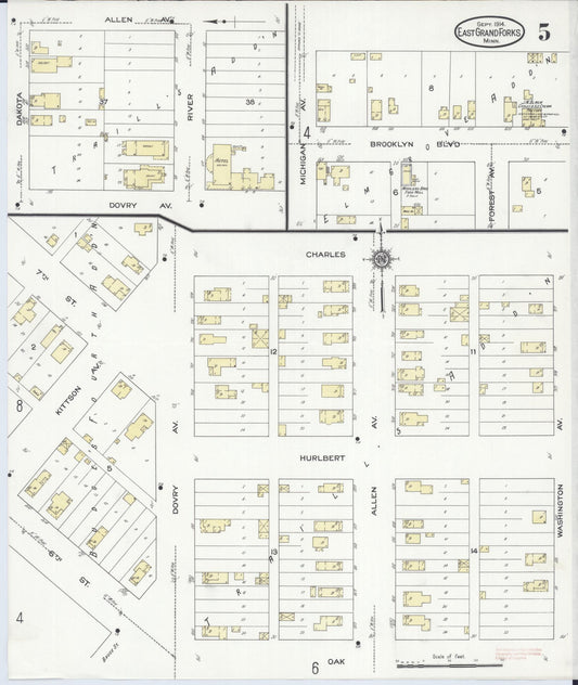 Sanborn Fire Insurance Map from East Grand Forks, Polk County, Minnesota (1914), Sheet #0005 - Historic Sanborn Fire Insurance Map Print, vintage old map wall art, antique decor, genealogy gift, Minnesota Minnesota map