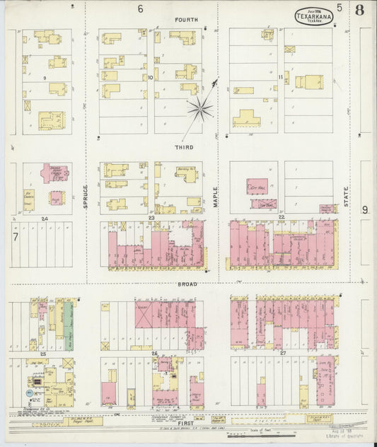 Sanborn Fire Insurance Map from Texarkana, Bowie County, Texas (1896), Sheet #0008 - Historic Sanborn Fire Insurance Map Print, vintage old map wall art, antique decor, genealogy gift, Texas Texas map