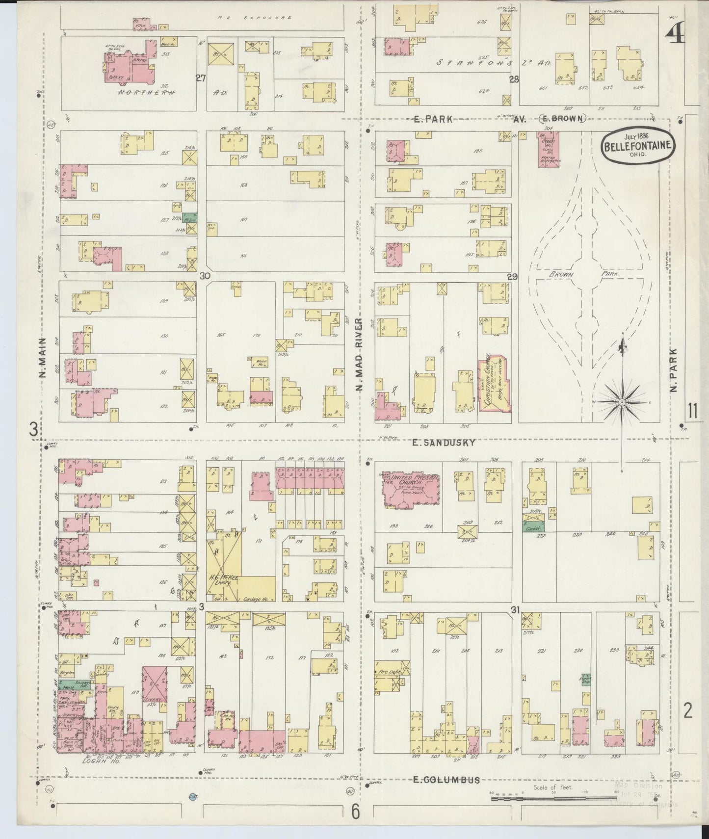 Sanborn Fire Insurance Map from Bellefontaine, Logan County, Ohio (1896), Sheet #0004 - Historic Sanborn Fire Insurance Map Print, vintage old map wall art, antique decor, genealogy gift, Ohio Ohio map