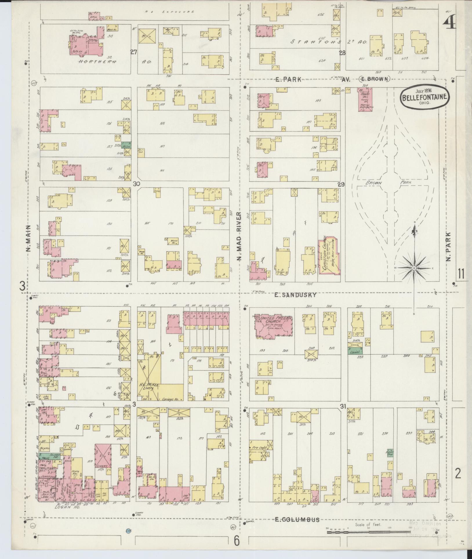 Sanborn Fire Insurance Map from Bellefontaine, Logan County, Ohio (1896), Sheet #0004 - Historic Sanborn Fire Insurance Map Print, vintage old map wall art, antique decor, genealogy gift, Ohio Ohio map