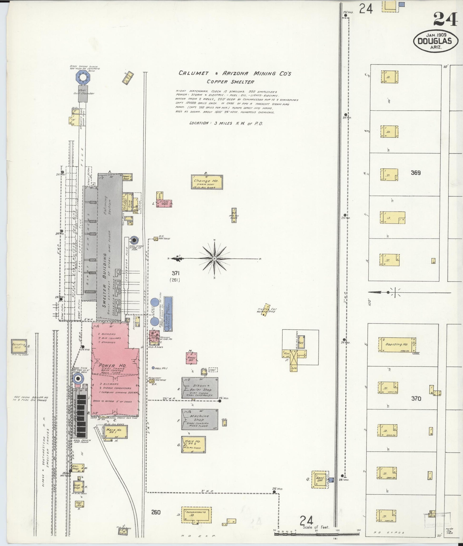 Sanborn Fire Insurance Map from Douglas, Cochise County, Arizona (1909), Sheet #0024 - Historic Sanborn Fire Insurance Map Print, vintage old map wall art, antique decor, genealogy gift, Arizona Arizona map