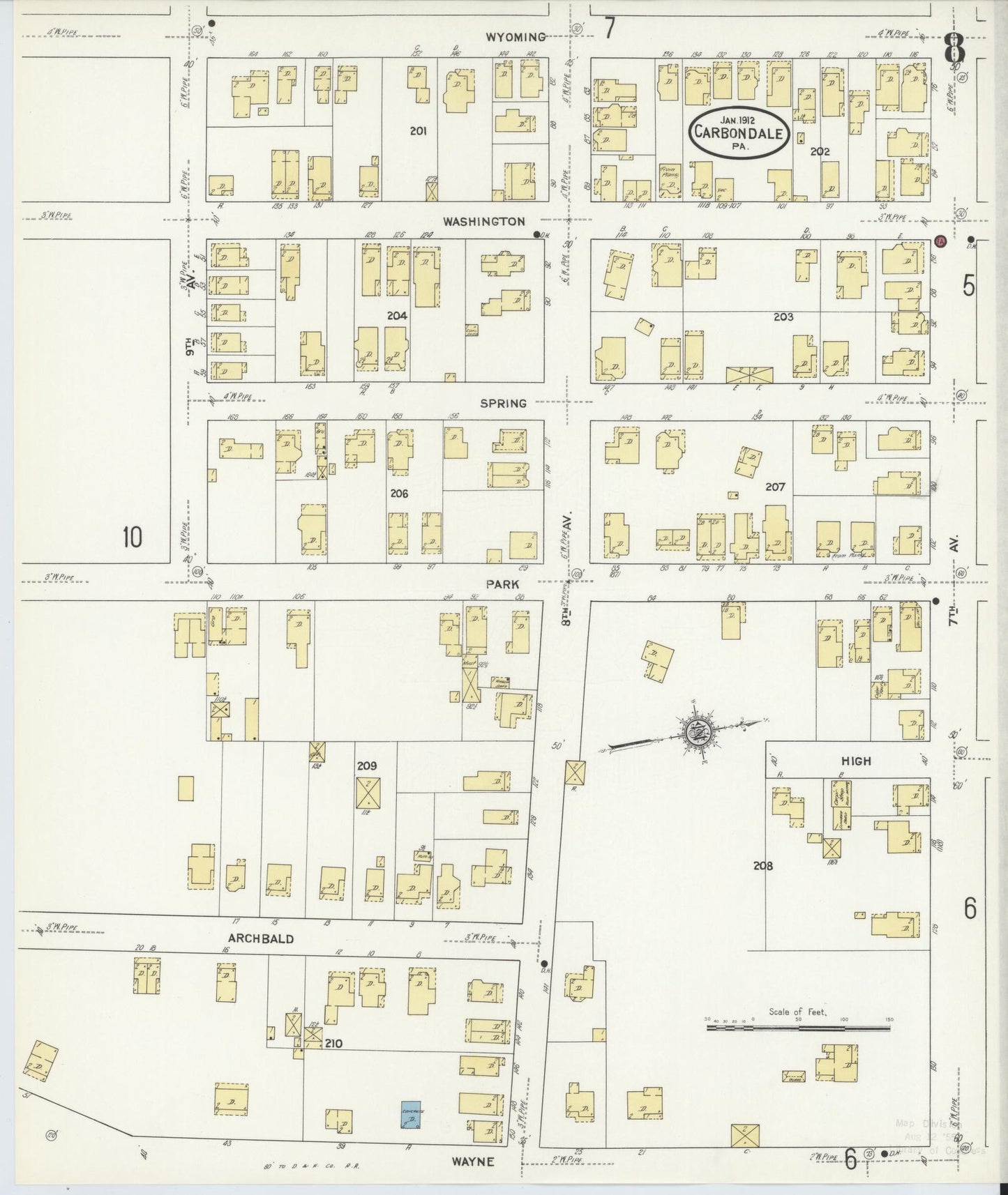 Sanborn Fire Insurance Map from Carbondale, Lackawanna County, Pennsylvania (1912), Sheet #0008 - Historic Sanborn Fire Insurance Map Print, vintage old map wall art, antique decor, genealogy gift, Pennsylvania Pennsylvania map