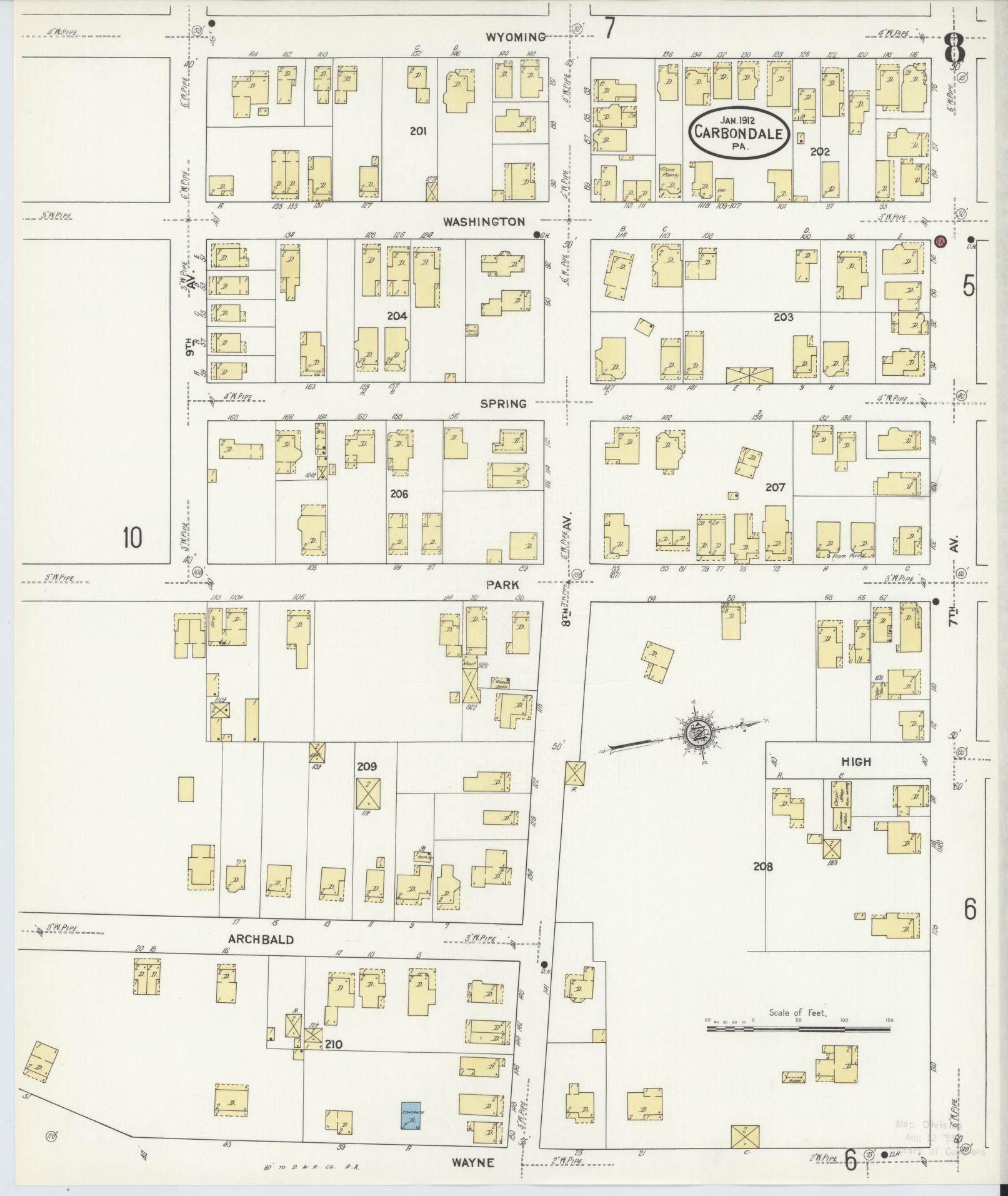Sanborn Fire Insurance Map from Carbondale, Lackawanna County, Pennsylvania (1912), Sheet #0008 - Historic Sanborn Fire Insurance Map Print, vintage old map wall art, antique decor, genealogy gift, Pennsylvania Pennsylvania map
